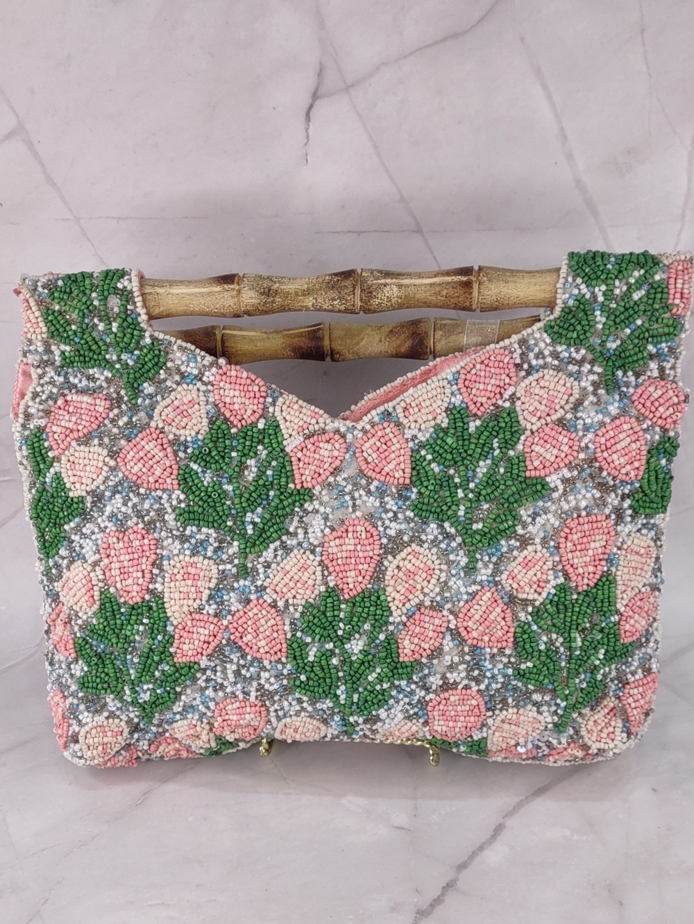 Beaded Floral Top Handle Bag
